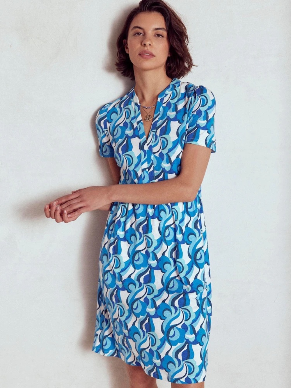 Boden Naomi Short Sleeve V-Neck Jersey Dress Blue Abstract Swirl Print US 10 R